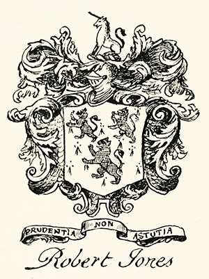 The coat of arms or bookplate of Robert "Robin" Jones, Jr. Image from Archive.org.