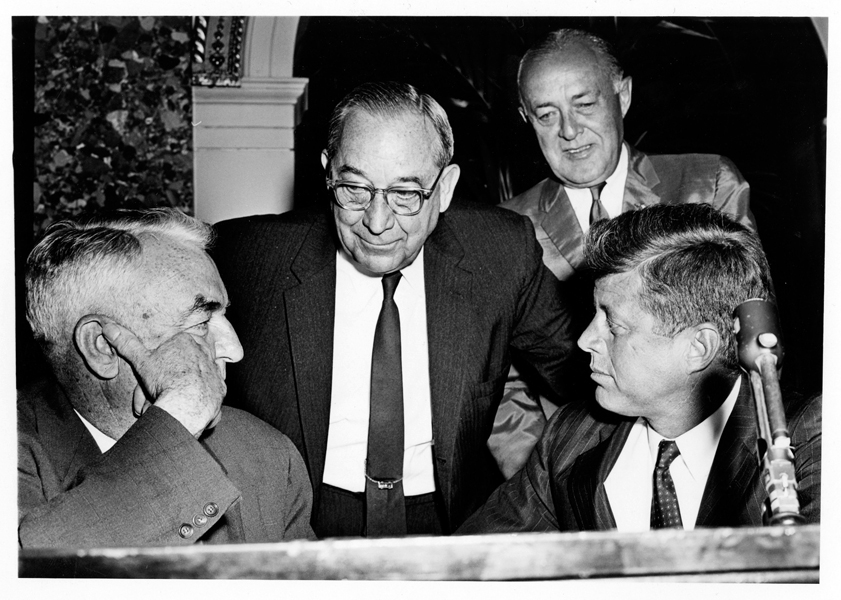 Photograph of B. Everett Jordan (center) with John F. Kennedy (right), Sam Ervin (left), and Harold Cooley (rear). Image circa 1960-63. Courtesy of East Carolina University Digital Collections.