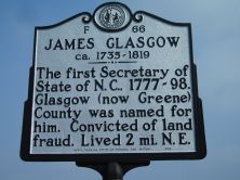 Photograph of the James Glasgow Highway Historical Marker near Snow Hill in Greene County, N.C.. Used courtesy of the North Carolina Highway Historical Marker Program, North Carolina Department of Cultural Resources.