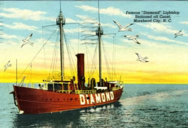&quot;Famous &quot;Diamond&quot; Lightship Stationed off Coast, Morehead City, N.C.&quot; ca. 1948 Image courtesy of the North Carolina Collection, UNC Libraries. 